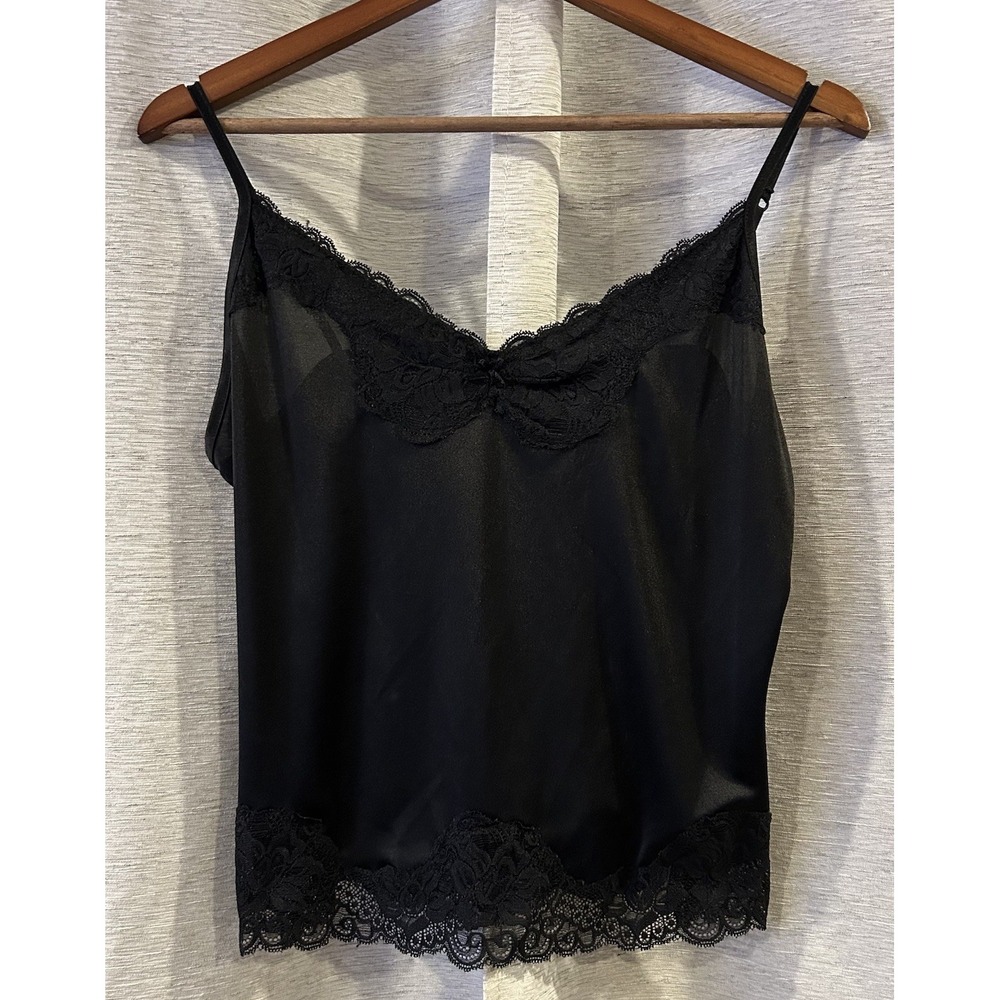 VTG Y2k Babydoll Camisole Satin Quiet Luxury Coquette Dainty Fairy Lace Black PL